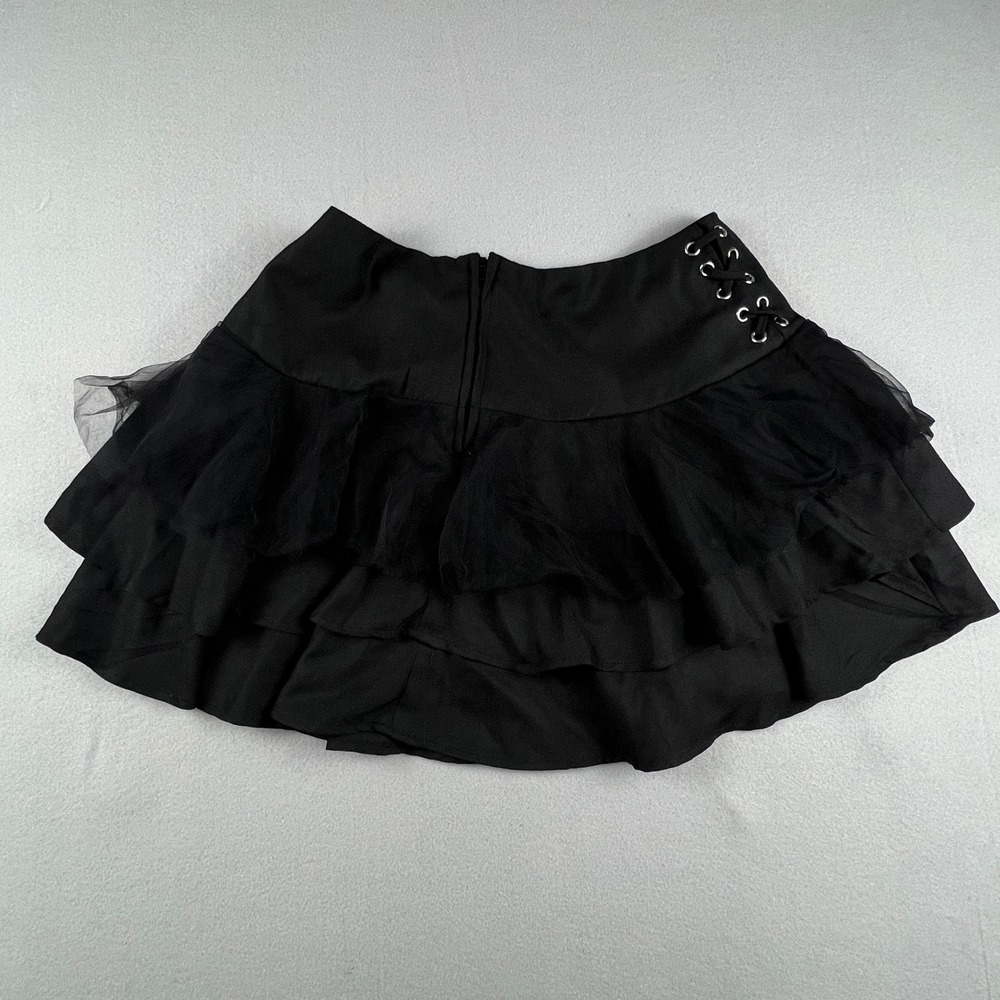 Hot Topic Mini Skirt Womens MD Black Tiered Goth Punk Mesh Buckle Lace Up Emo - Picture 9 of 11